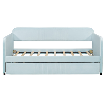 Start2Finish twin size upholstered daybed sofa bed with trundle and wood slat base, ideal for versatile furniture in a modern bedroom