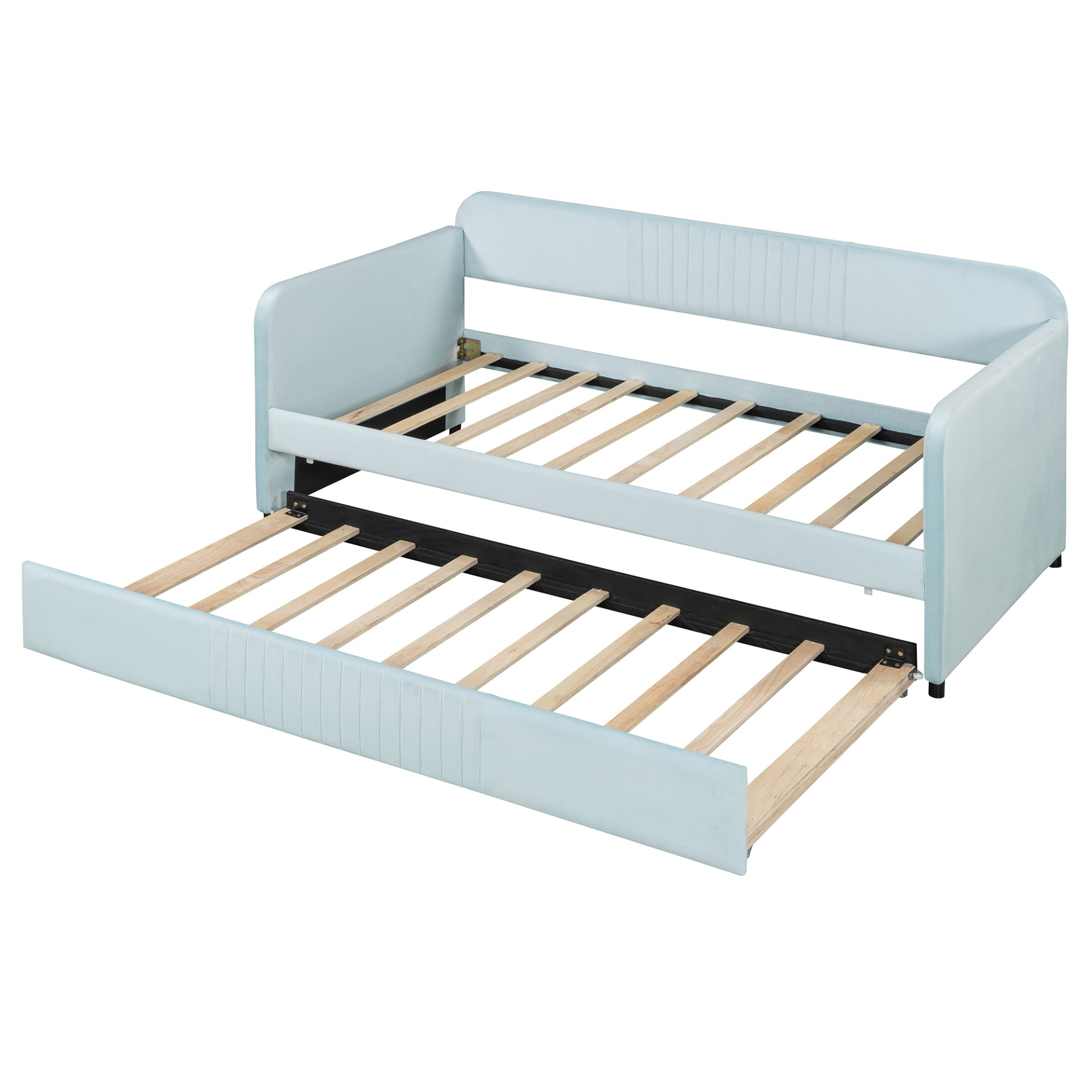 Start2Finish upholstered twin size daybed sofa bed with trundle and wood slat base, featuring plush fabric and wooden frame.