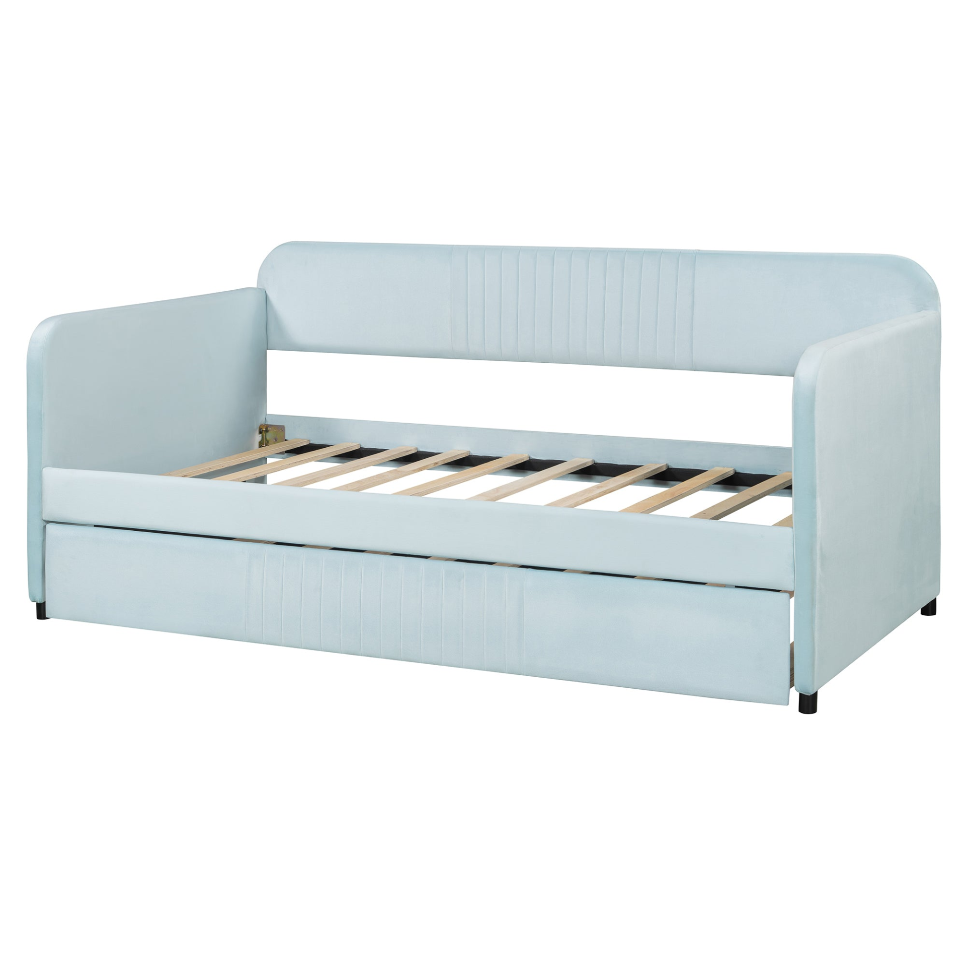 Start2Finish upholstered twin size daybed sofa bed with trundle and wood slat base, showcasing soft fabric and sturdy frame.