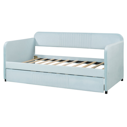 Start2Finish upholstered twin size daybed sofa bed with trundle and wood slat base, showcasing soft fabric and sturdy frame.