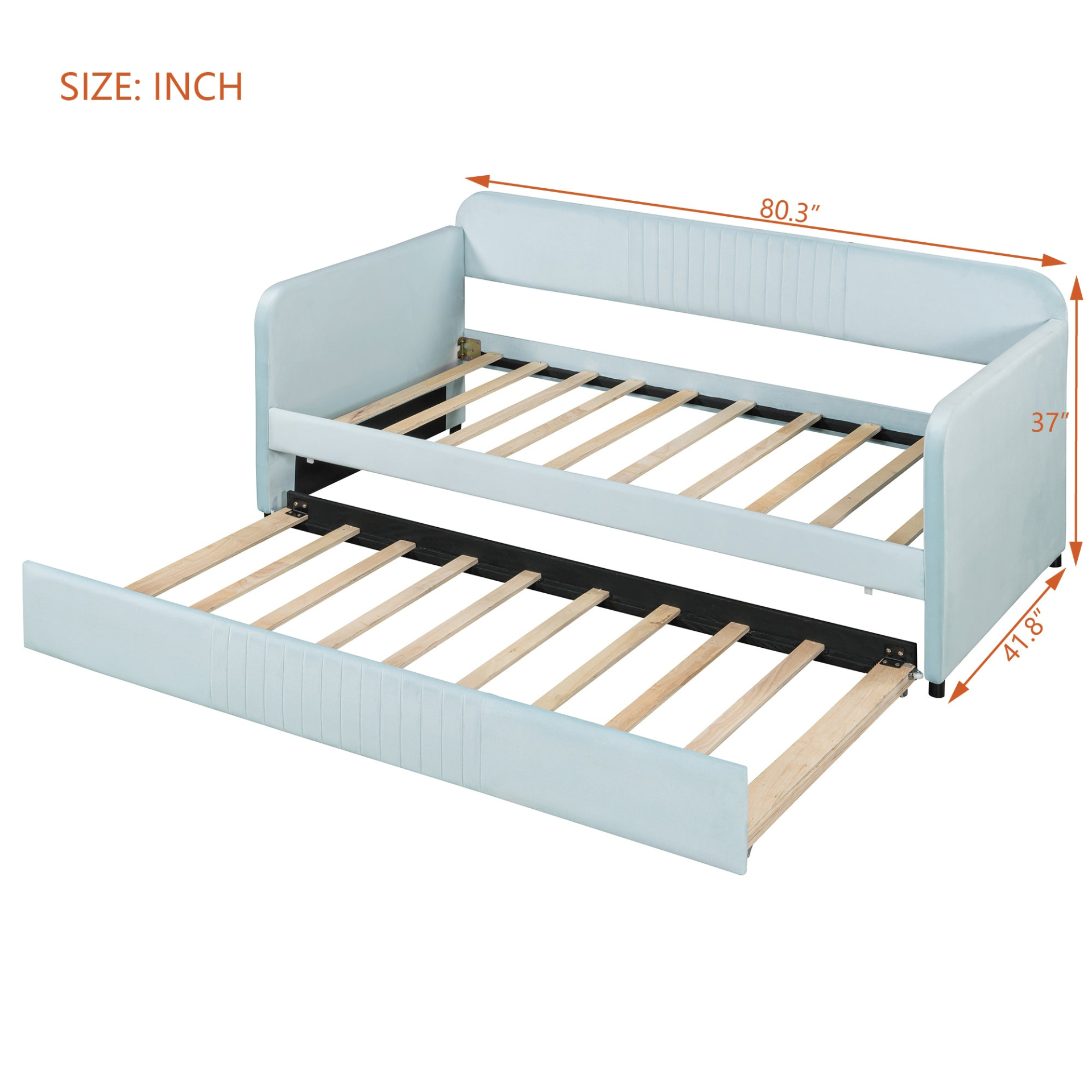 Start2Finish upholstered twin size daybed sofa bed with trundle and wood slat base, featuring plush cushioning and wooden frame.