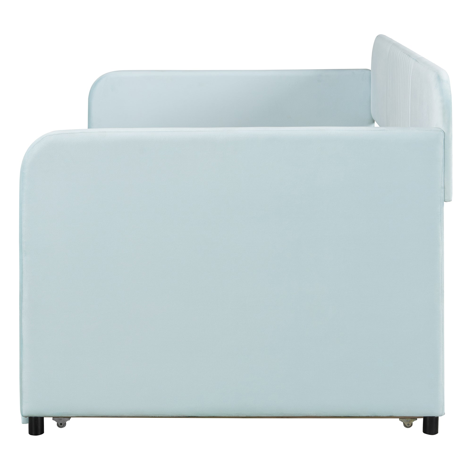 Start2Finish twin size upholstered daybed sofa bed with trundle and wood slat base, showcasing the cozy, versatile furniture design.