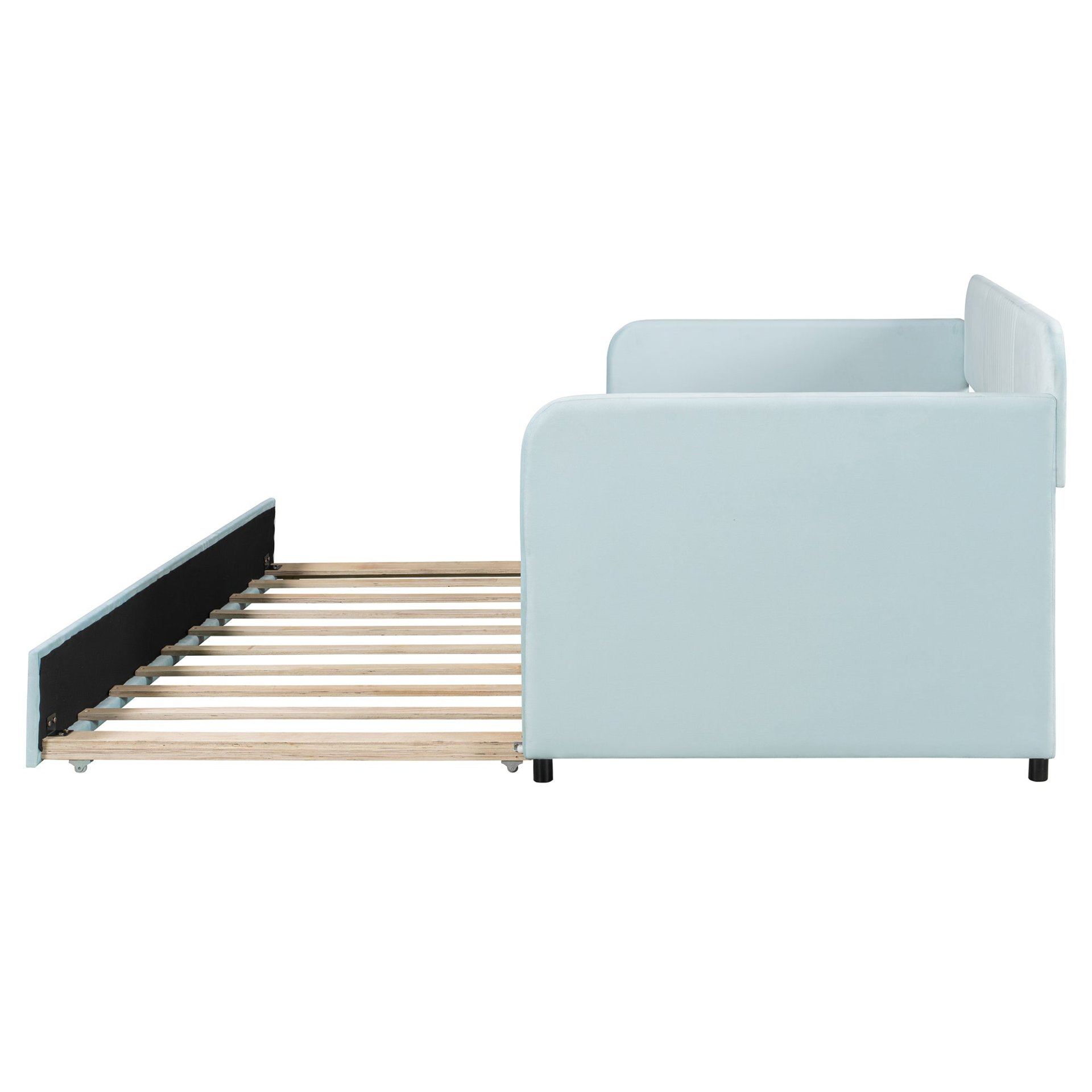 Start2Finish upholstered twin daybed sofa bed with trundle and wood slat base, showcasing its plush fabric and sturdy frame.