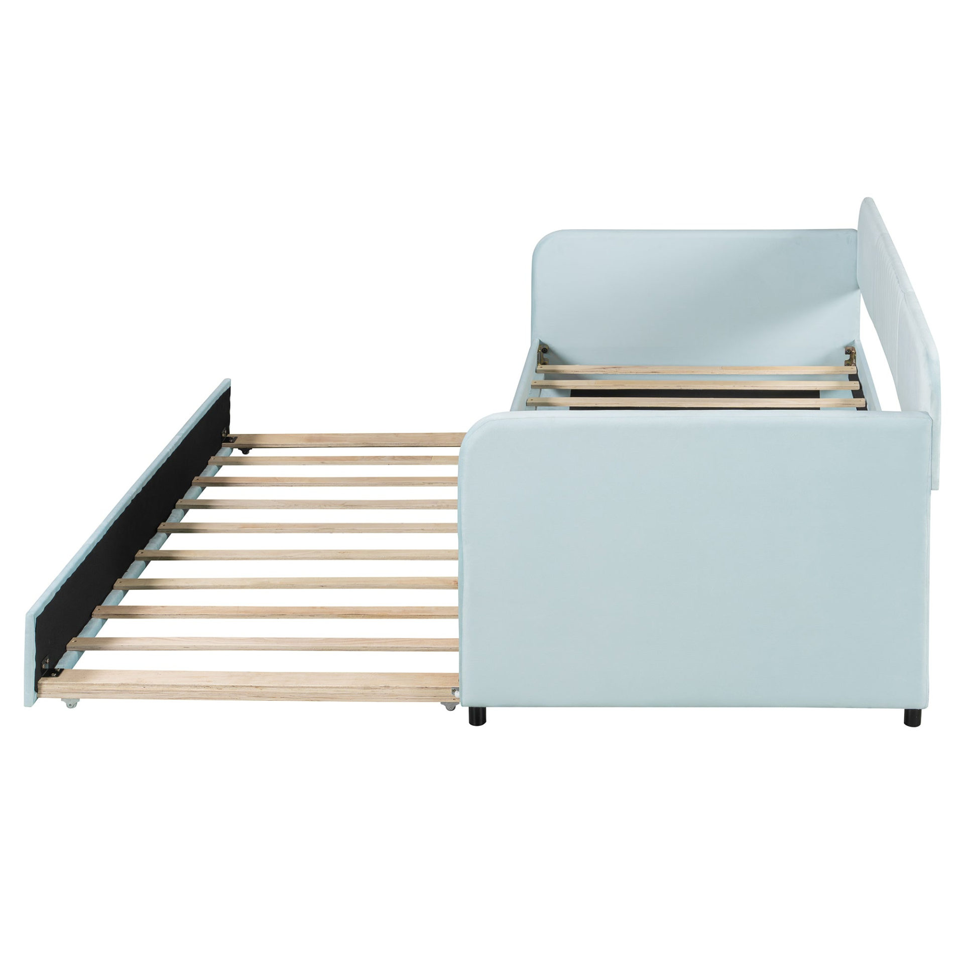 Start2Finish twin size upholstered daybed sofa bed with trundle and wood slat base, featuring plush fabric and modern design.