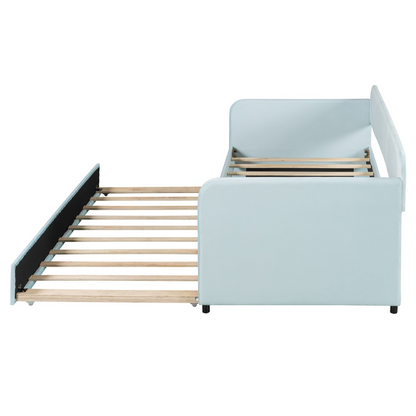 Start2Finish twin size upholstered daybed sofa bed with trundle and wood slat base, featuring plush fabric and modern design.