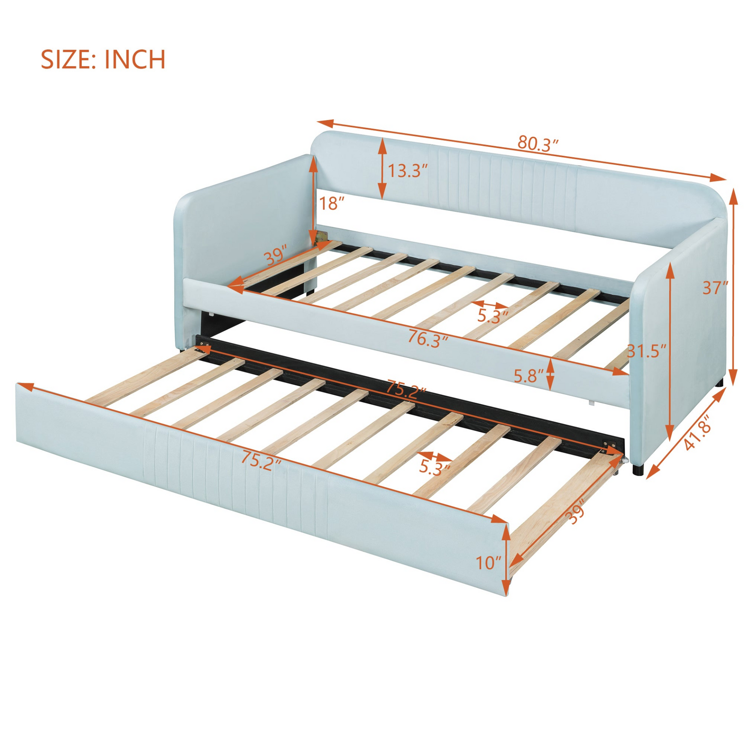 Start2Finish twin size upholstered daybed sofa bed with trundle and wood slat base, showcasing its plush fabric and sturdy frame.