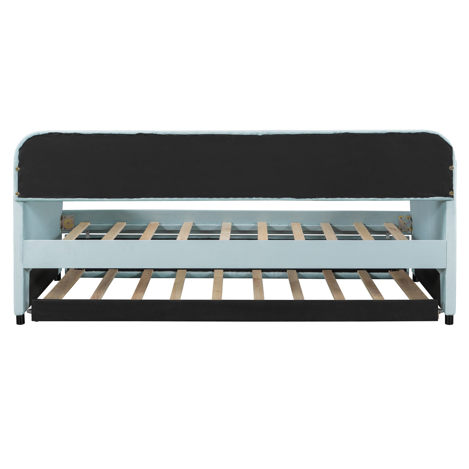 Start2Finish twin size upholstered daybed sofa bed with trundle and wood slat base, showcasing a modern furniture piece.