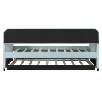 Start2Finish twin size upholstered daybed sofa bed with trundle and wood slat base, showcasing a modern furniture piece.