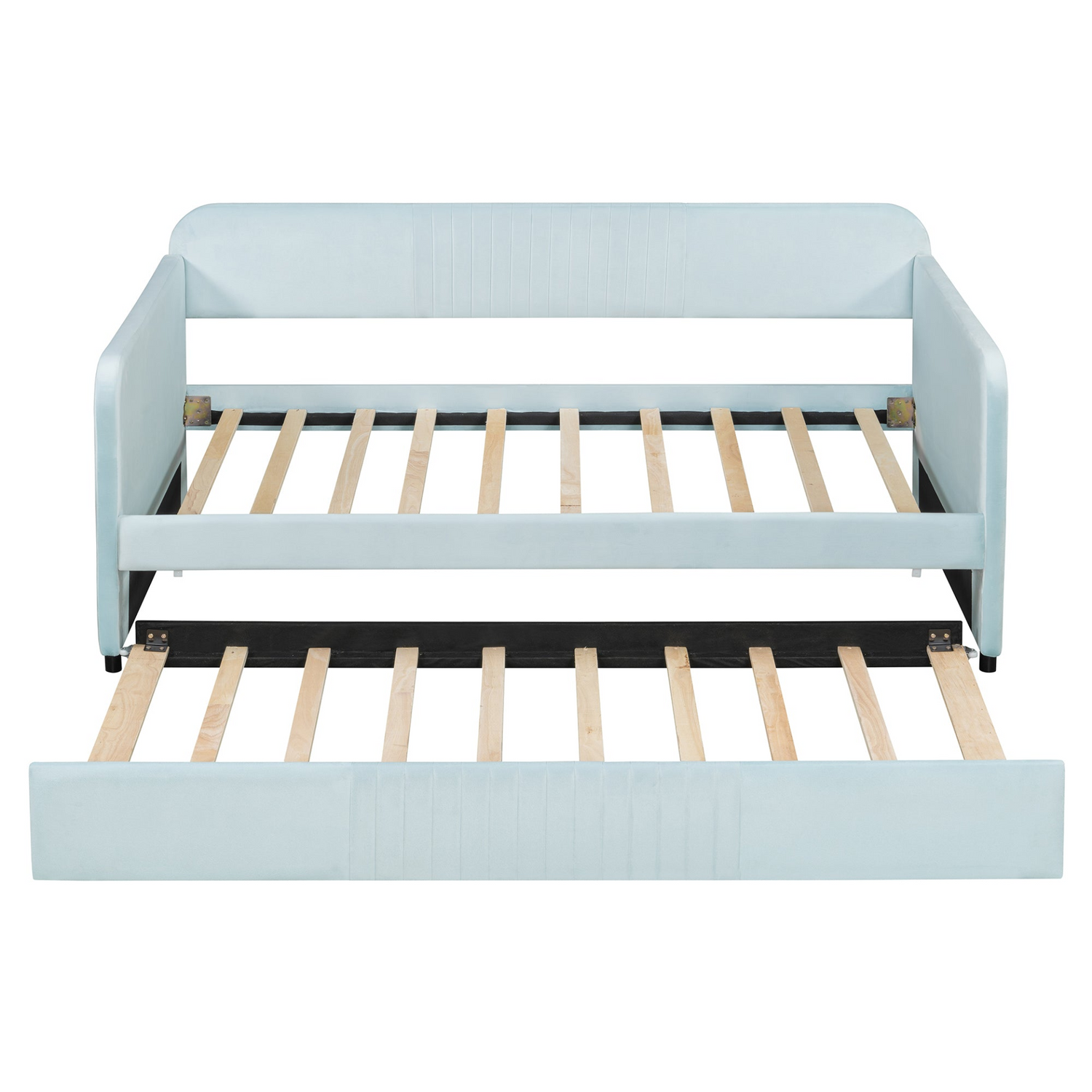Start2Finish twin size upholstered daybed sofa bed with trundle and wood slat base, showcasing plush fabric and sturdy frame.