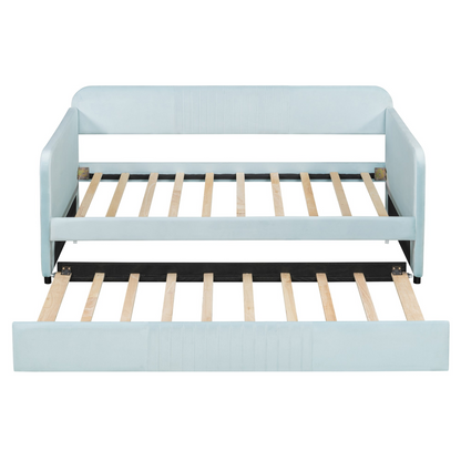 Start2Finish twin size upholstered daybed sofa bed with trundle and wood slat base, showcasing plush fabric and sturdy frame.