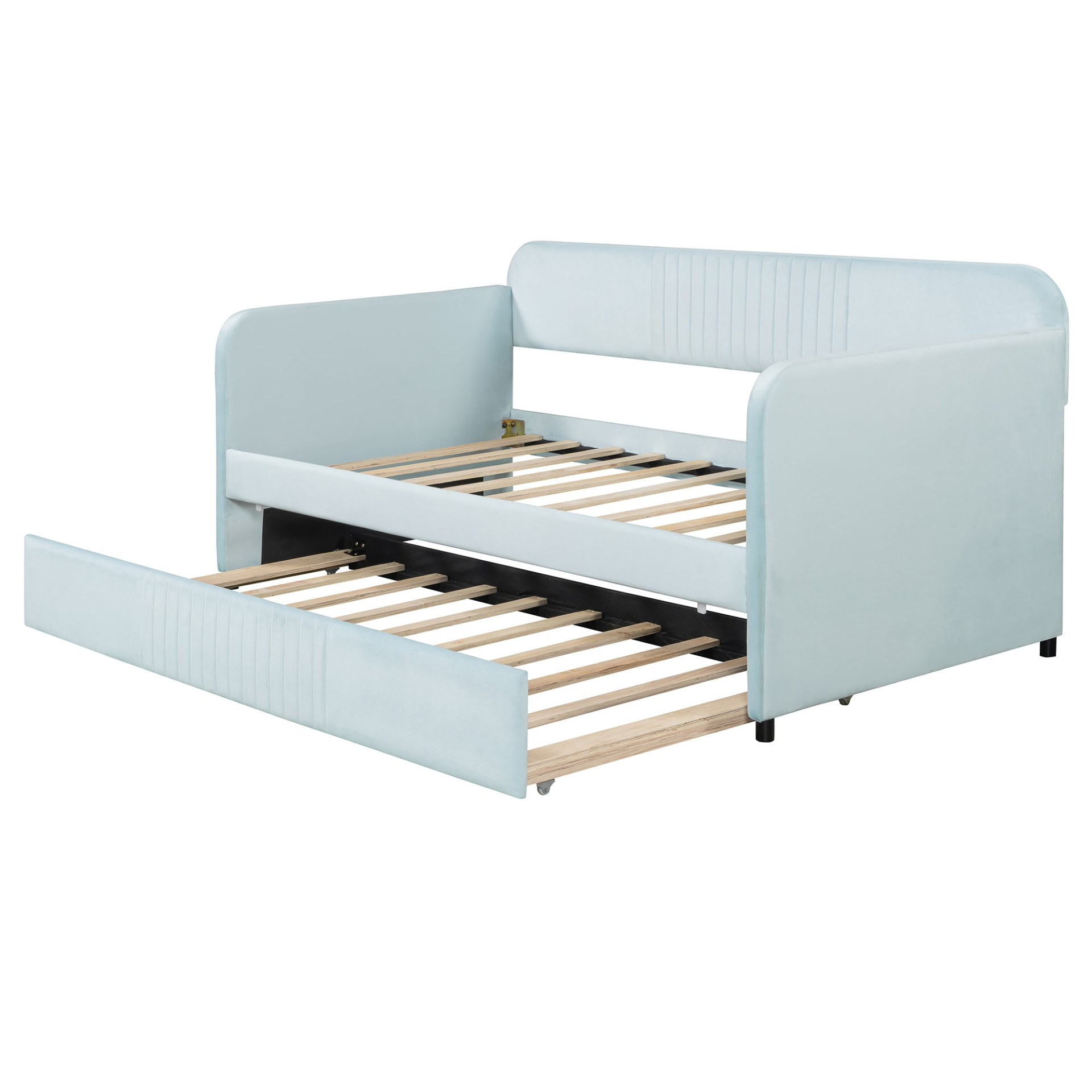 Start2Finish upholstered twin size daybed sofa bed with trundle and wood slat base, showcasing plush fabric and wooden frame.