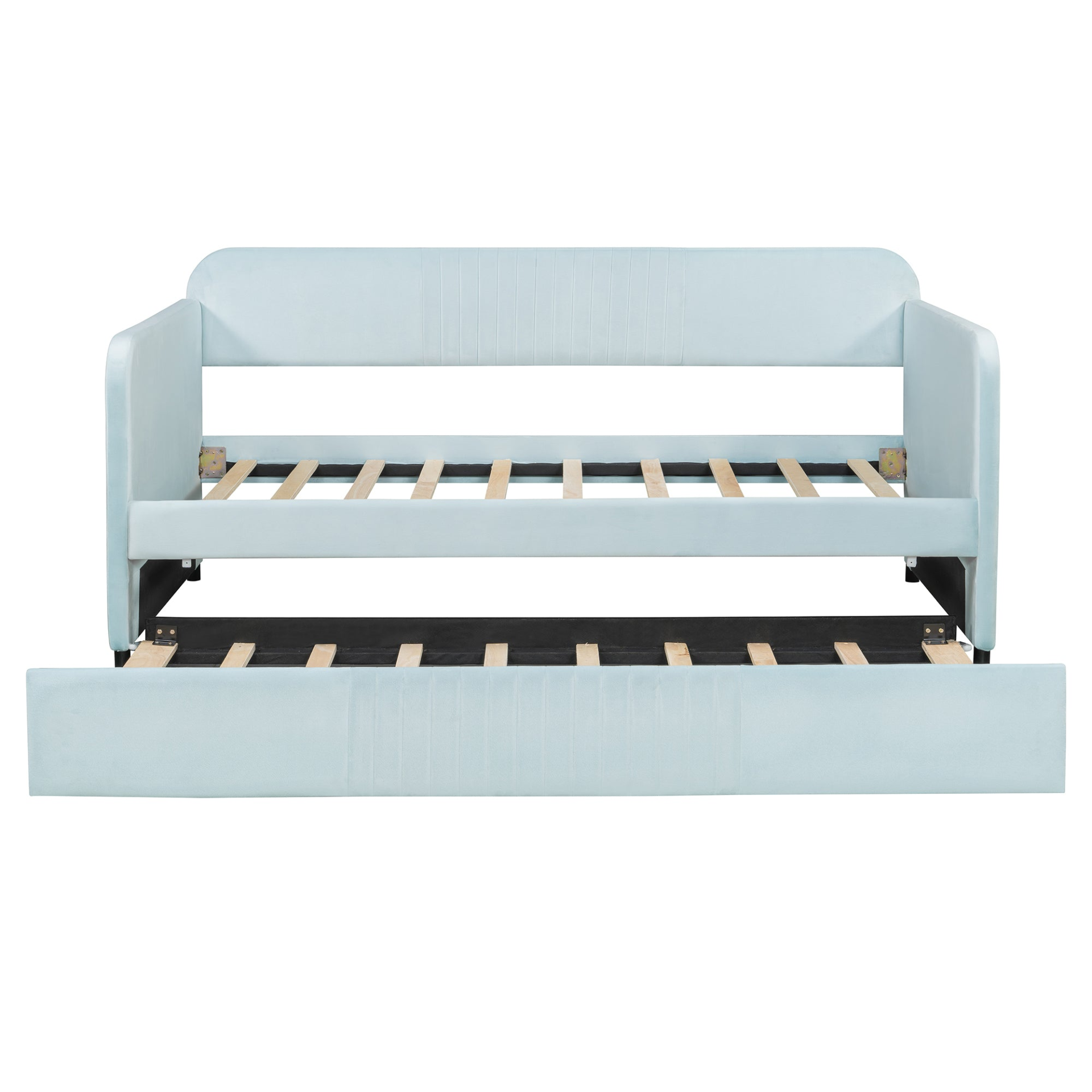Start2Finish twin size upholstered daybed sofa bed with trundle and wood slat base, showcasing its plush fabric and sturdy frame.
