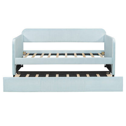 Start2Finish twin size upholstered daybed sofa bed with trundle and wood slat base, showcasing its plush fabric and sturdy frame.