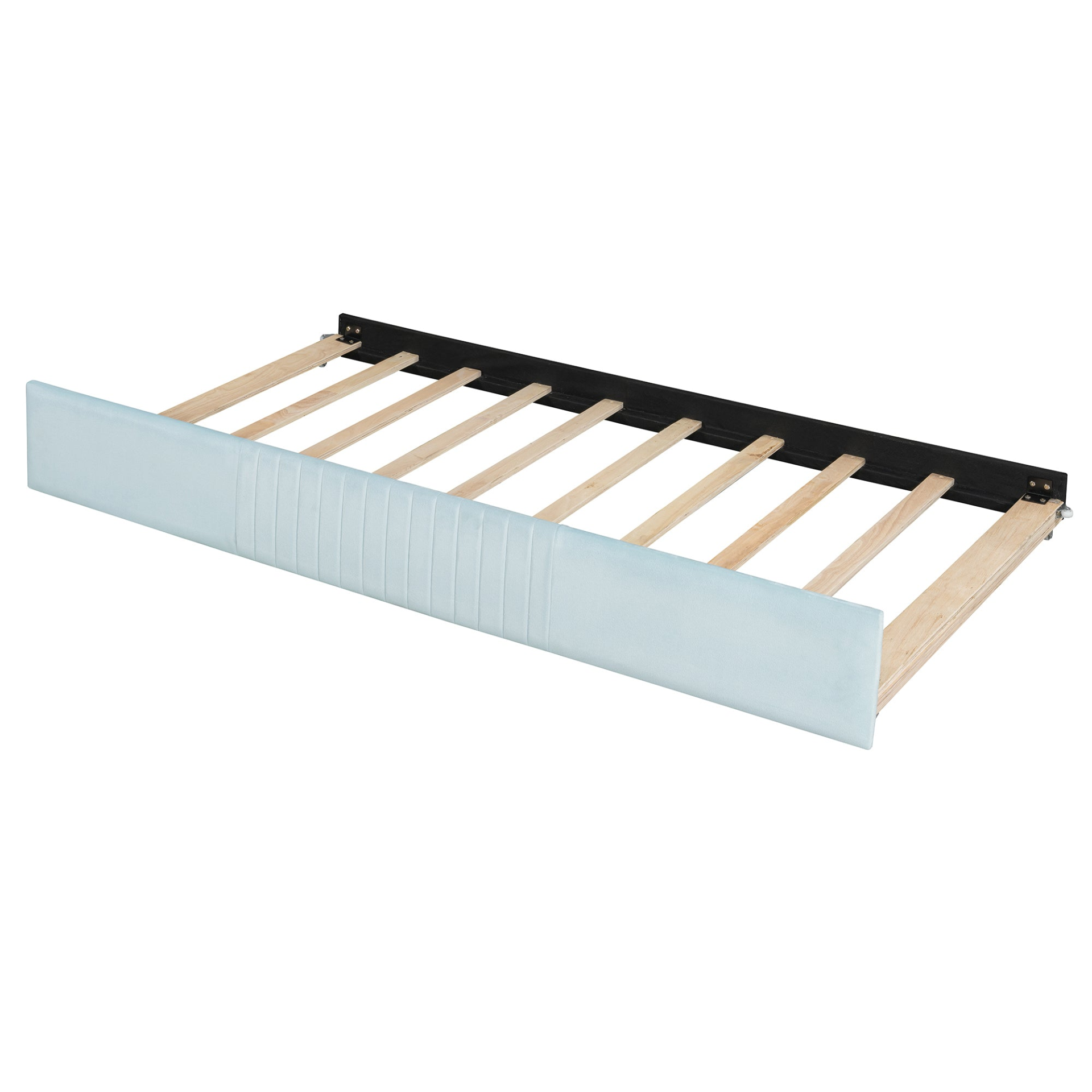 Start2Finish upholstered twin size daybed sofa bed with trundle, wood slat base, in a modern furniture setting.