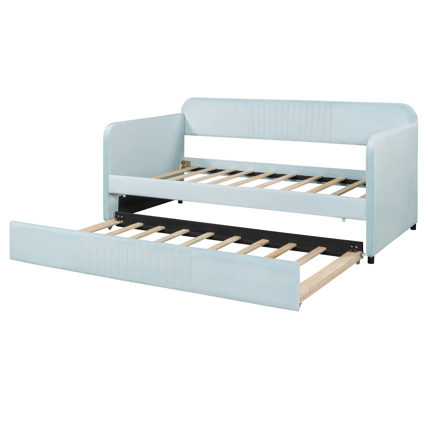 Start2Finish upholstered twin size daybed sofa bed with trundle and wood slat base, shown in a cozy, modern furniture setting.