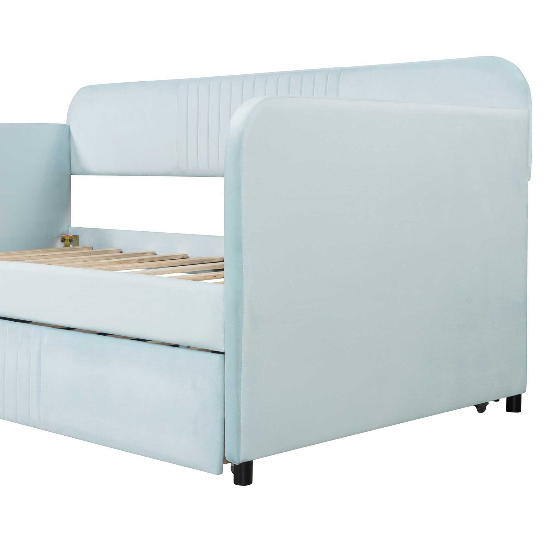 Start2Finish upholstered twin size daybed sofa bed with trundle and wood slat base, showcasing plush fabric and sturdy frame.