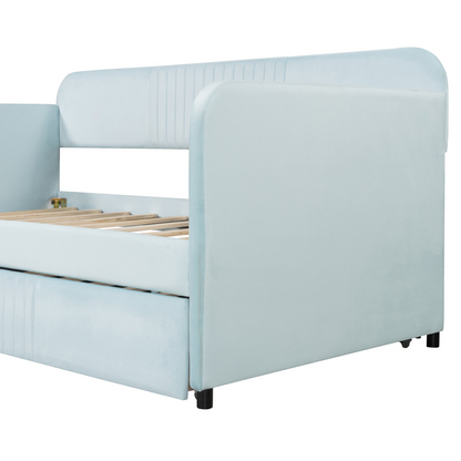 Start2Finish upholstered twin size daybed sofa bed with trundle and wood slat base, showcasing plush fabric and sturdy frame.