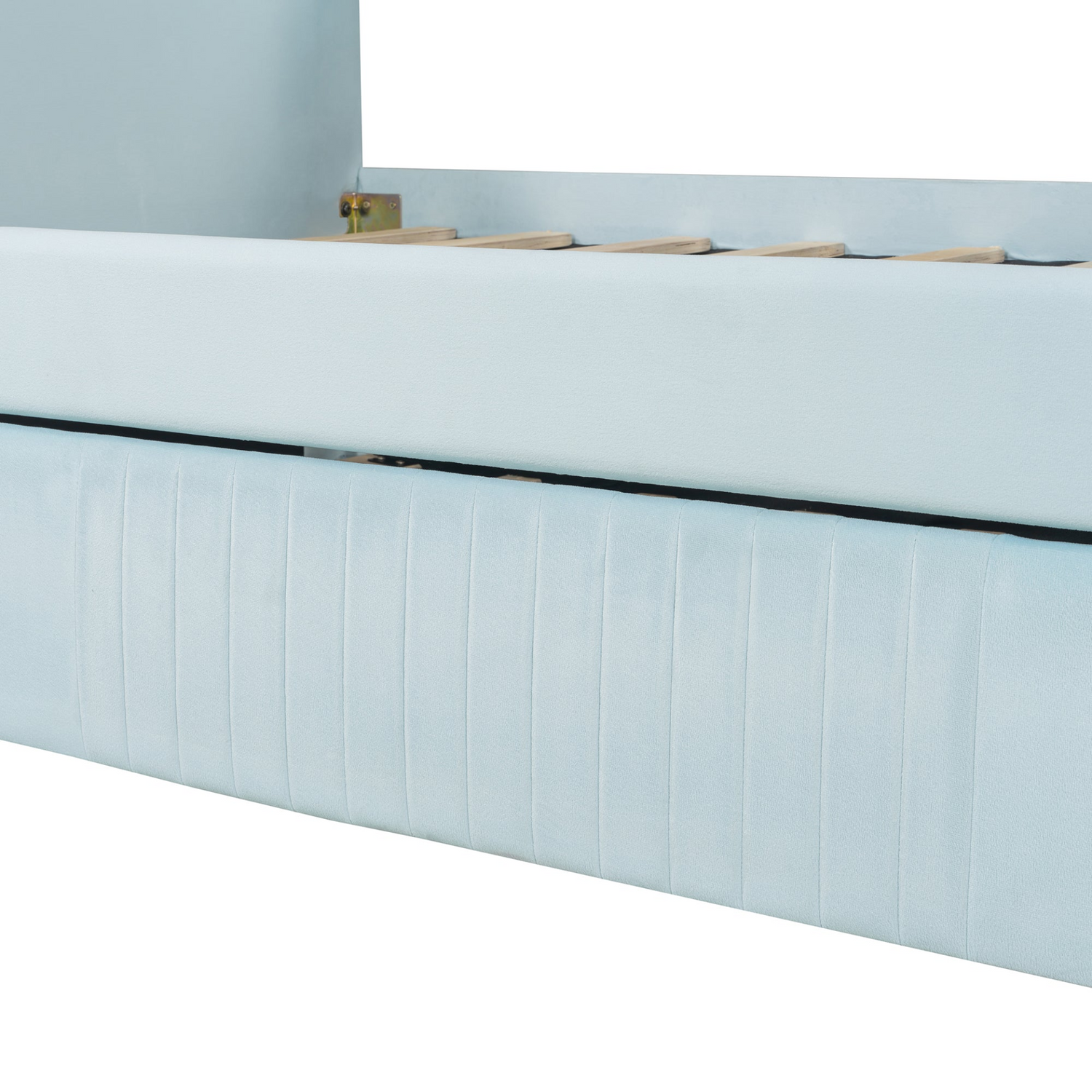 Start2Finish twin size upholstered daybed sofa bed with trundle and wood slat base, featuring plush fabric and wooden frame.