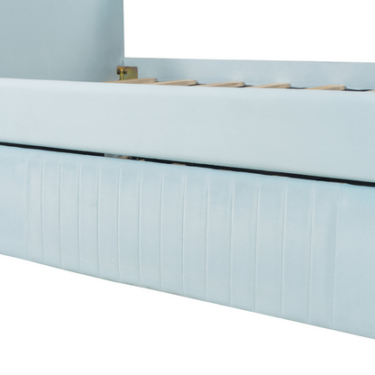 Start2Finish twin size upholstered daybed sofa bed with trundle and wood slat base, featuring plush fabric and wooden frame.