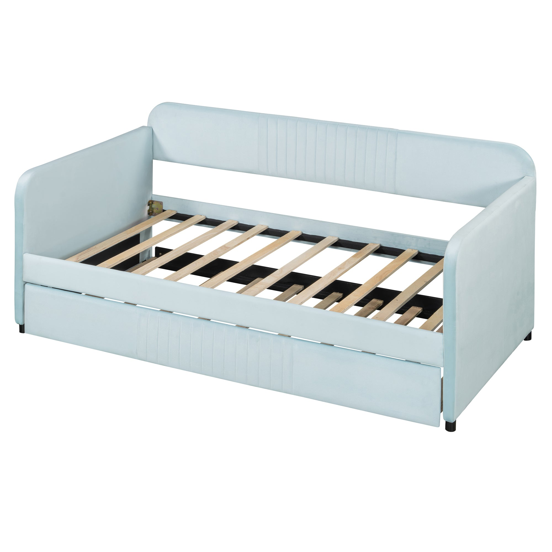 Start2Finish upholstered twin daybed sofa bed with trundle and wood slat base, modern furniture for living or guest rooms.
