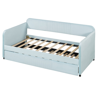 Start2Finish upholstered twin daybed sofa bed with trundle and wood slat base, modern furniture for living or guest rooms.
