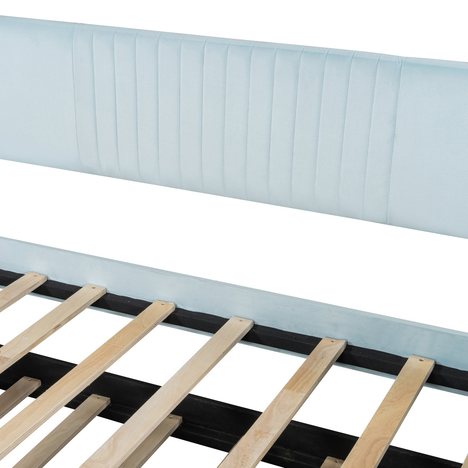 Start2Finish twin size upholstered daybed sofa bed with trundle and wood slat base, showcasing its comfortable fabric and sturdy frame.