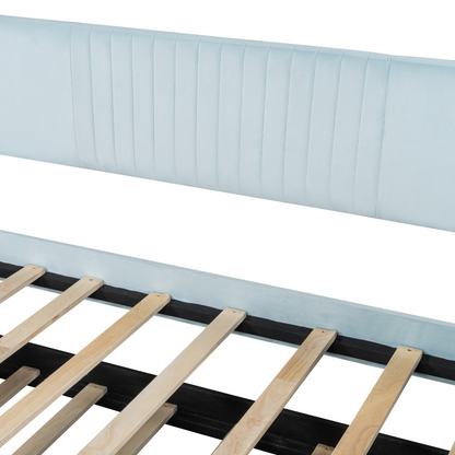 Start2Finish twin size upholstered daybed sofa bed with trundle and wood slat base, showcasing its comfortable fabric and sturdy frame.