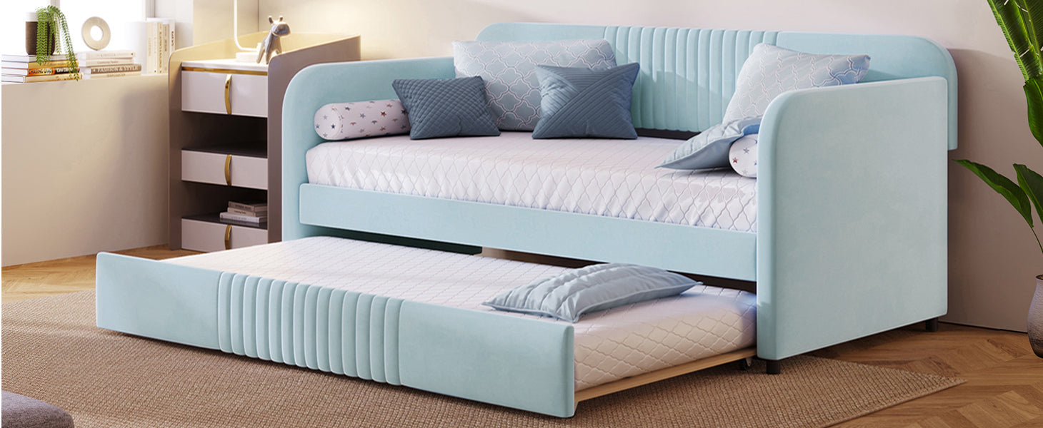 Start2Finish twin size upholstered daybed sofa bed with trundle and wood slat base, showcasing comfortable fabric and sturdy frame.