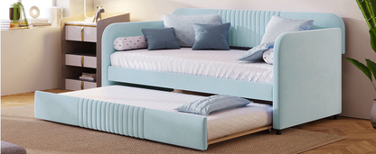 Start2Finish twin size upholstered daybed sofa bed with trundle and wood slat base, showcasing comfortable fabric and sturdy frame.
