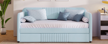 Start2Finish upholstered twin size daybed sofa bed with trundle and wood slat base, showcasing comfortable furniture design.