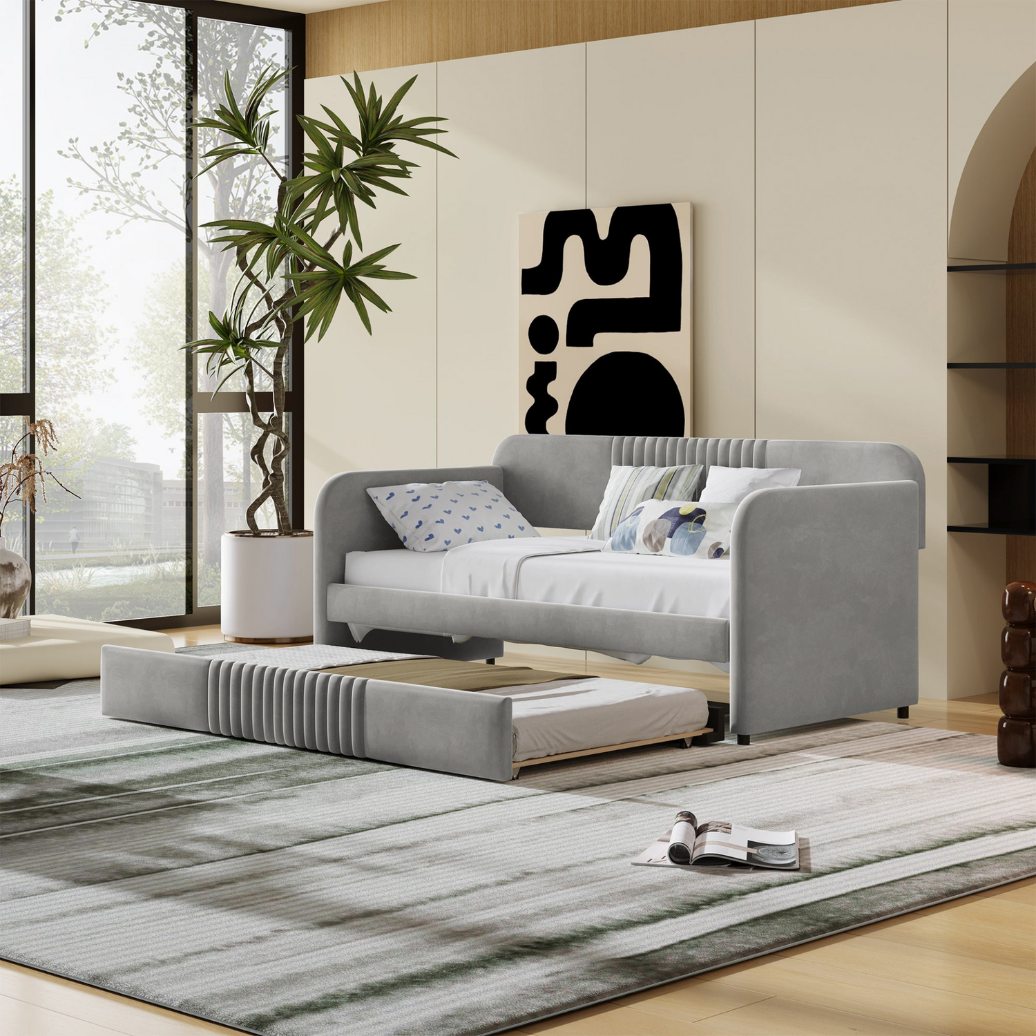 Start2Finish upholstered twin size daybed sofa bed with trundle and wood slat base, showing plush fabric and sturdy frame
