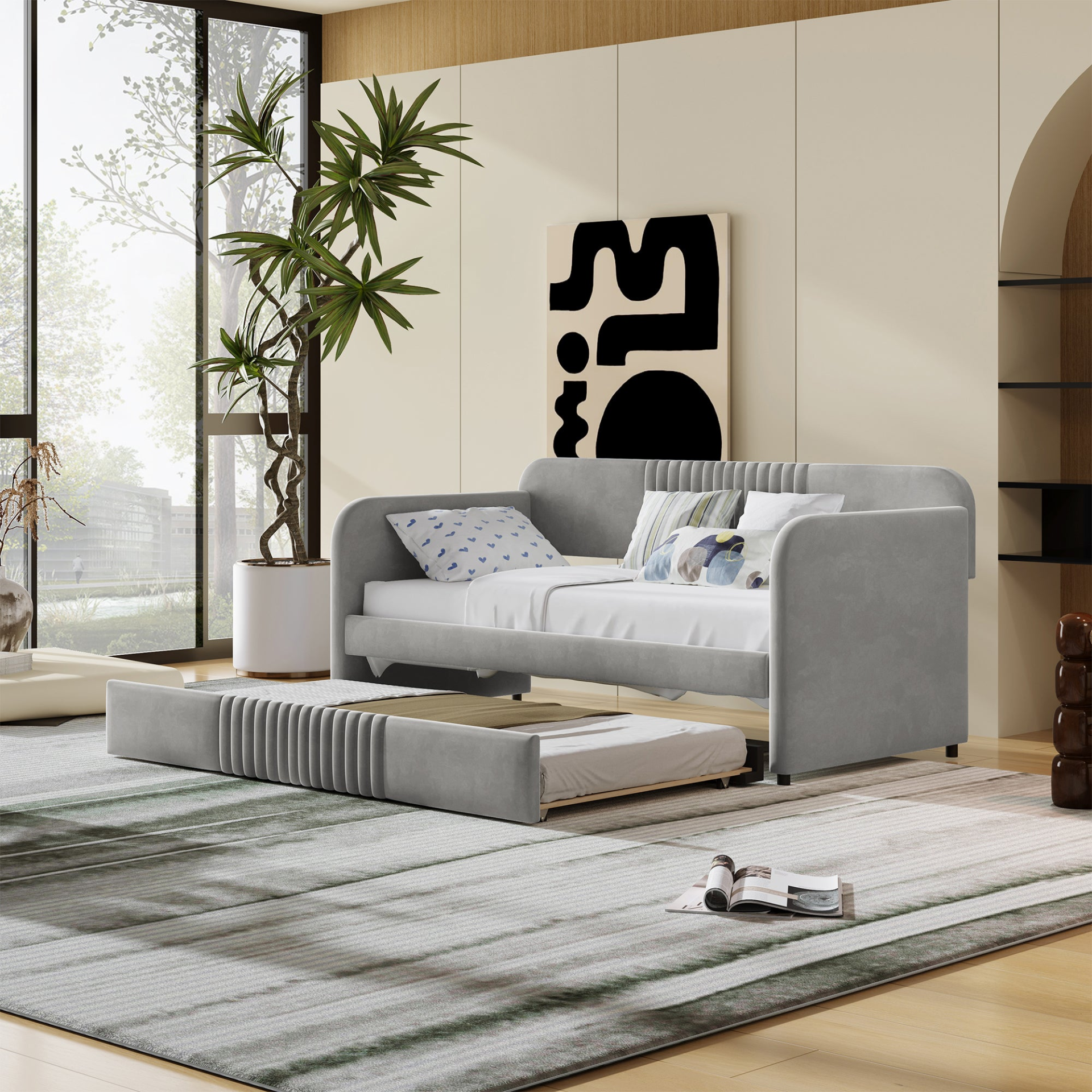 Start2Finish upholstered twin size daybed sofa bed with trundle and wood slat base, showing plush fabric and sturdy frame