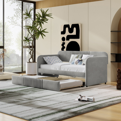 Start2Finish upholstered twin size daybed sofa bed with trundle and wood slat base, showing plush fabric and sturdy frame