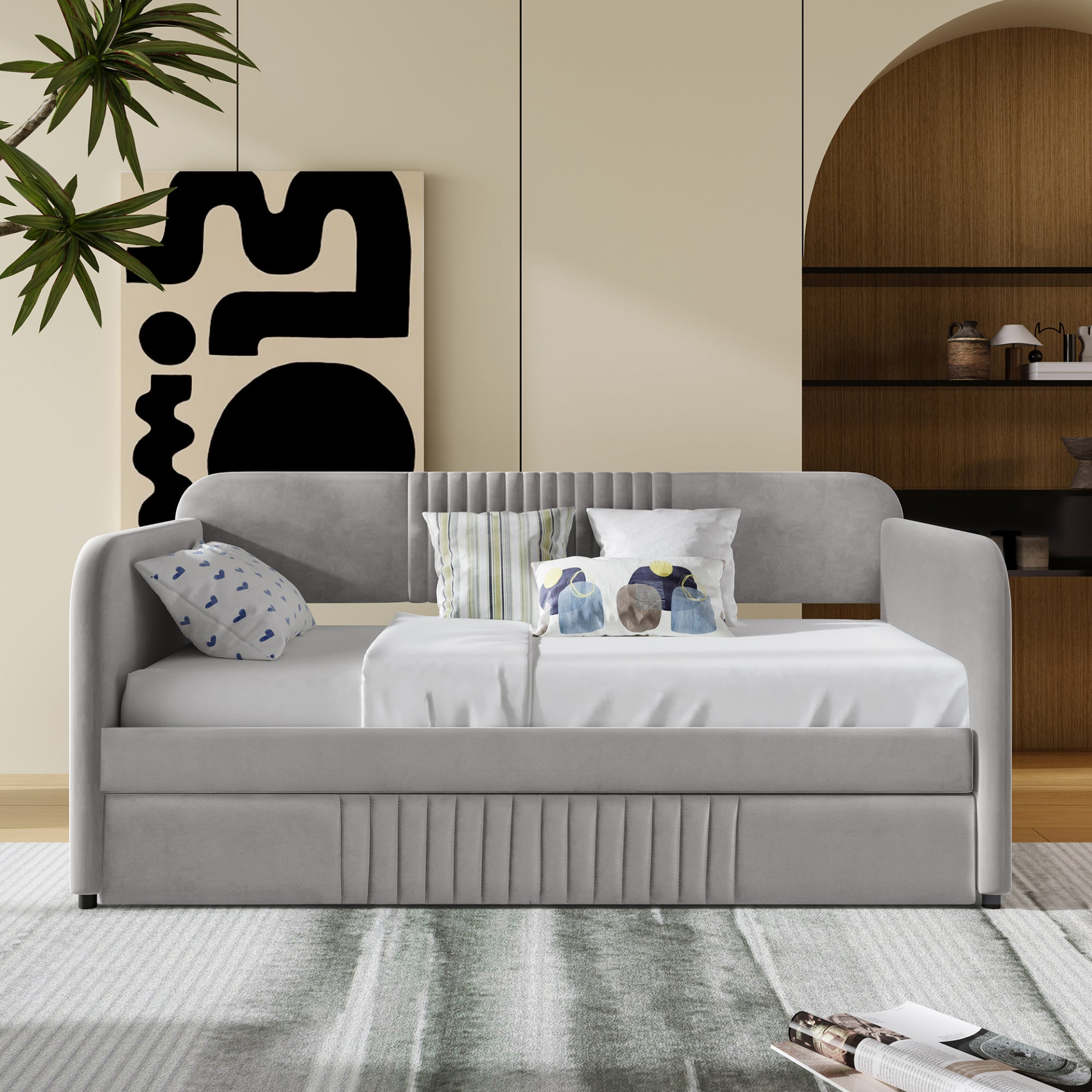 Start2Finish twin size upholstered daybed sofa bed with trundle and wood slat base, modern furniture for versatile living spaces.