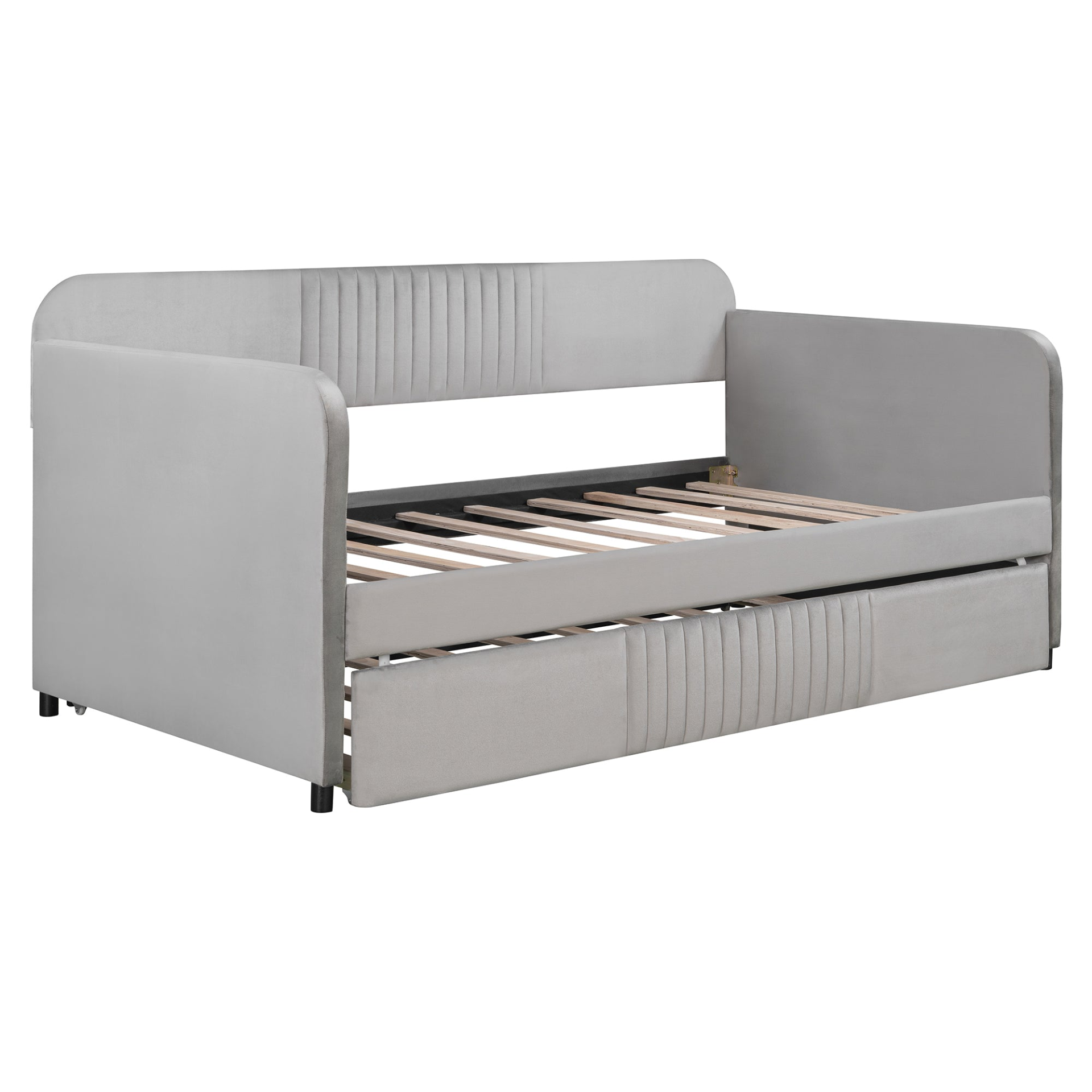 Start2Finish upholstered twin size daybed sofa bed with trundle and wood slat base, showcasing a stylish and functional furniture piece.