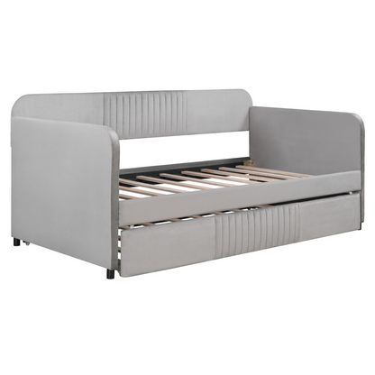 Start2Finish upholstered twin size daybed sofa bed with trundle and wood slat base, showcasing a stylish and functional furniture piece.