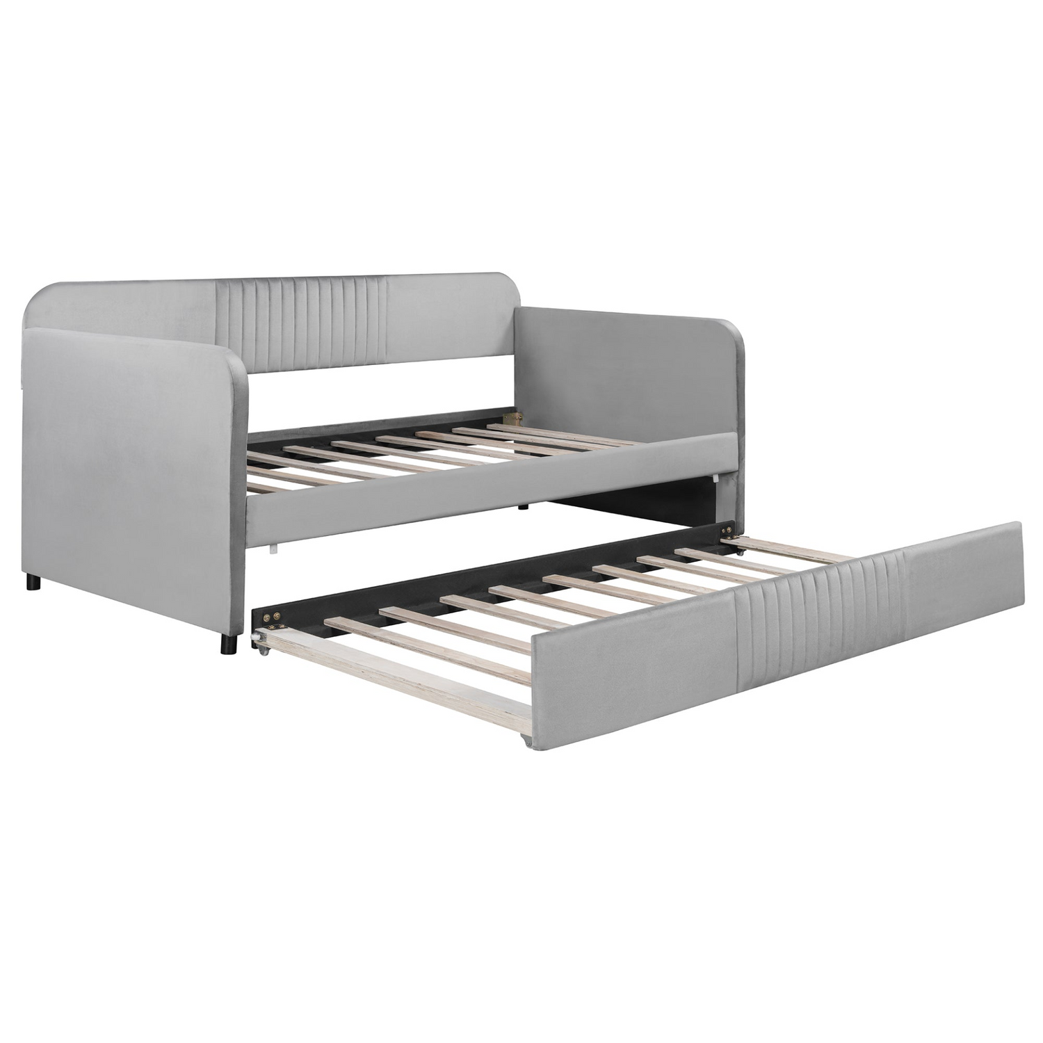 Start2Finish upholstered twin size daybed sofa bed with trundle and wood slat base, showing the fabric-covered frame and pull-out bed