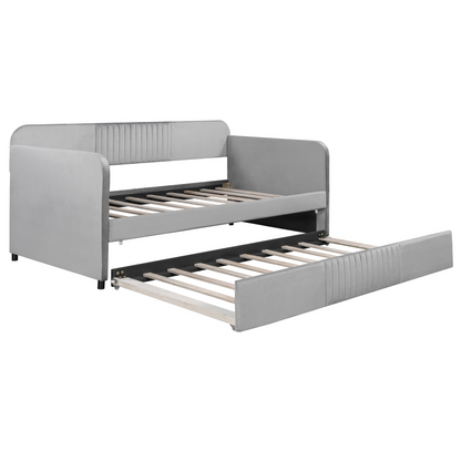 Start2Finish upholstered twin size daybed sofa bed with trundle and wood slat base, showing the fabric-covered frame and pull-out bed