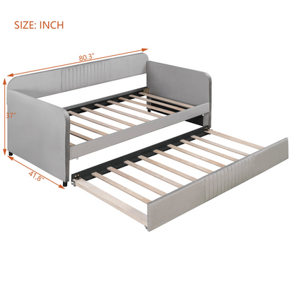 Start2Finish upholstered twin size daybed sofa bed with trundle and wood slat base, showcasing plush fabric and sturdy frame.