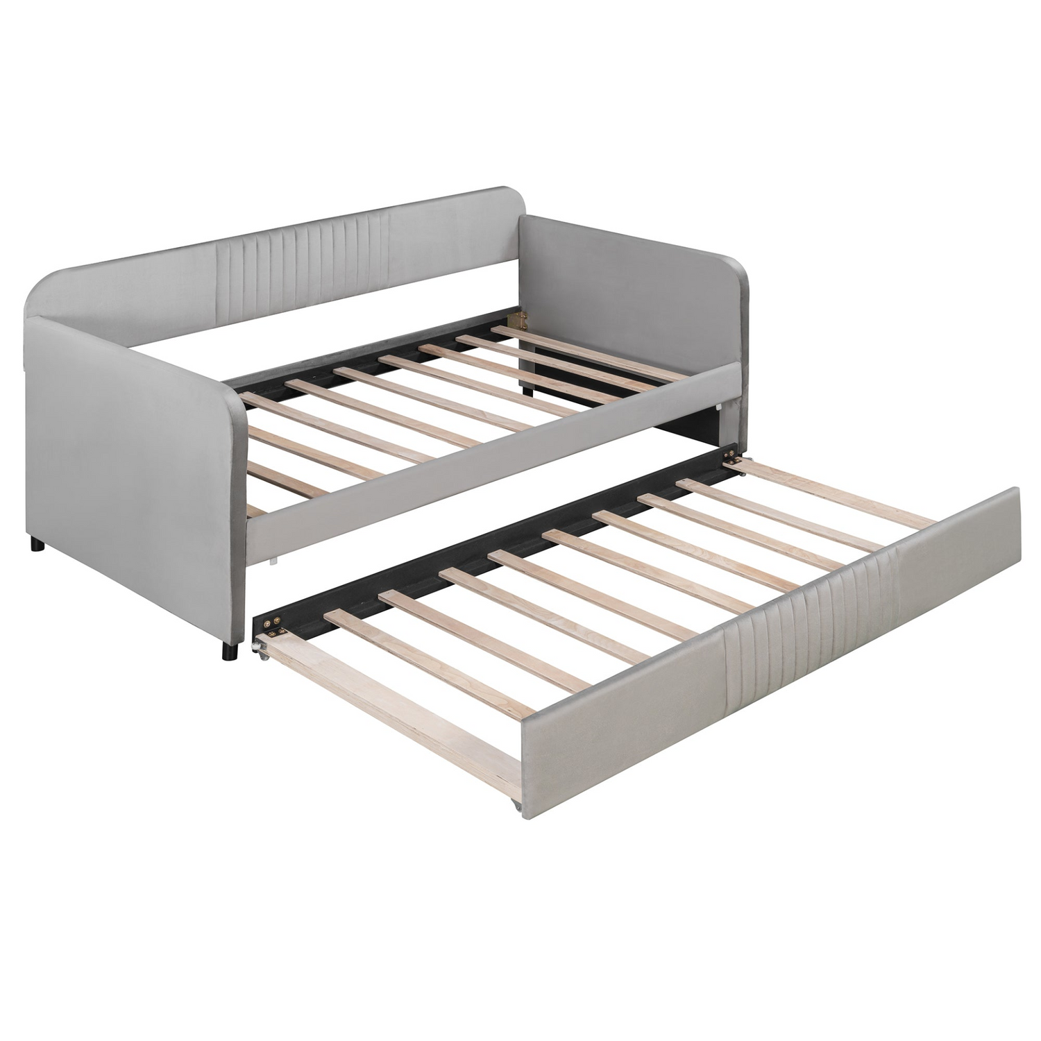 Start2Finish twin size upholstered daybed sofa bed with trundle and wood slat base, featuring plush fabric and sturdy wooden frame.