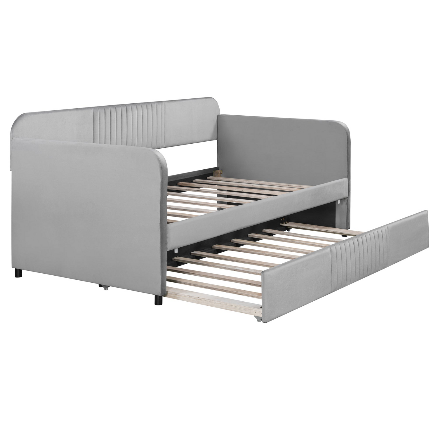 Start2Finish upholstered twin size daybed sofa bed with trundle and wood slat base, showcasing plush fabric and sturdy frame.