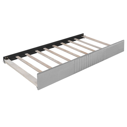 Start2Finish twin size upholstered daybed sofa bed with trundle and wood slat base, ideal for versatile furniture arrangements.