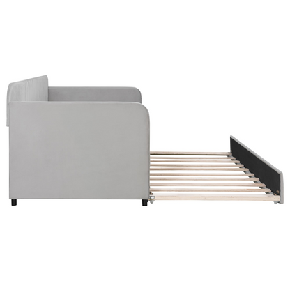 Start2Finish upholstered twin size daybed sofa bed with trundle and wood slat base, showcasing its plush fabric and sturdy frame.