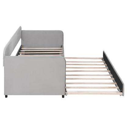 Start2Finish upholstered twin size daybed sofa bed with trundle and wood slat base, featuring plush fabric and sturdy frame.
