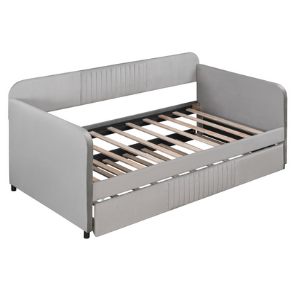 Start2Finish upholstered twin size daybed sofa bed with trundle and wood slat base, featuring plush cushioning and wooden frame.