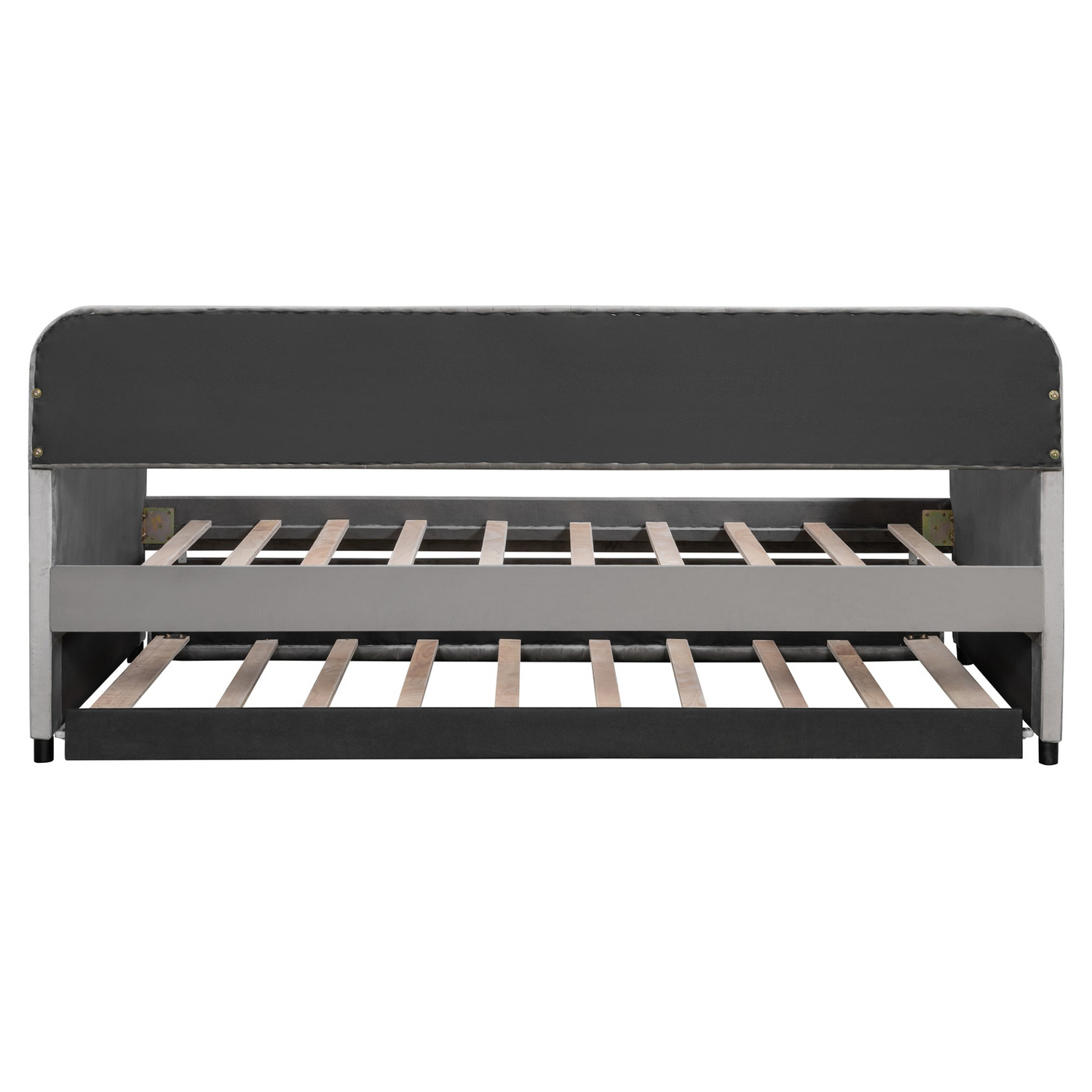 Start2Finish upholstered twin size daybed sofa bed with trundle and wood slat base, featuring plush cushioning and wooden frame.