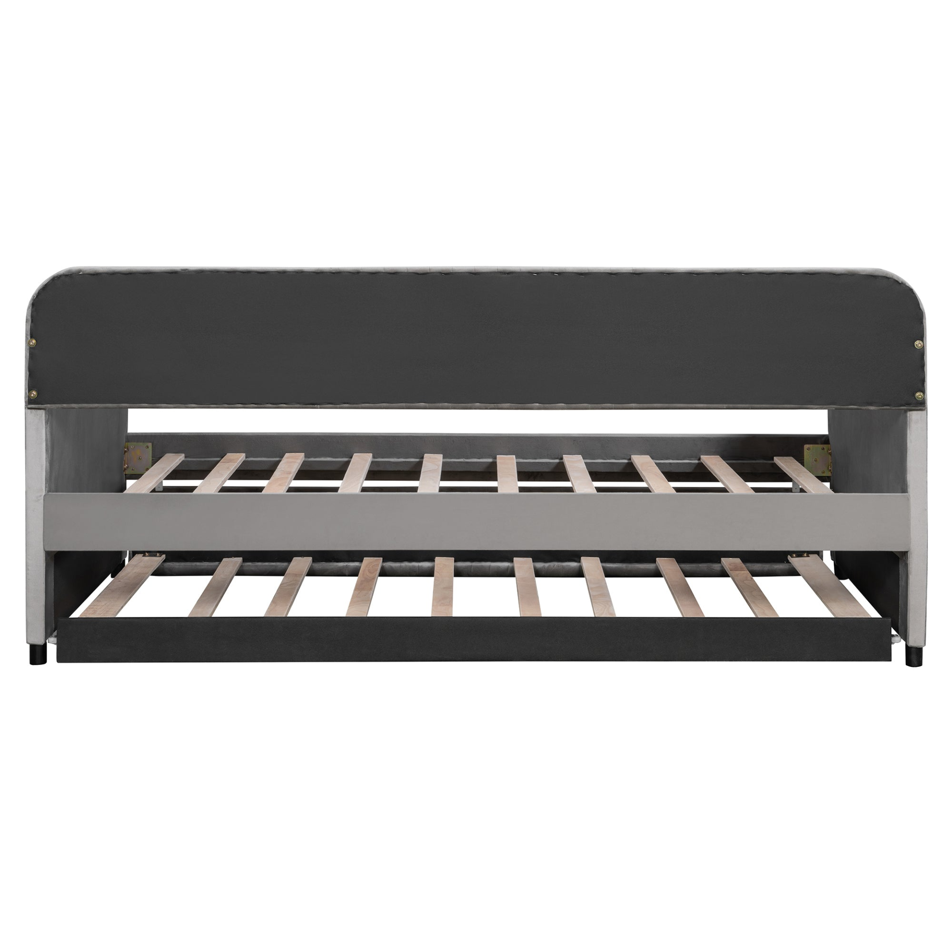 Start2Finish upholstered twin size daybed sofa bed with trundle and wood slat base, featuring plush cushioning and wooden frame.