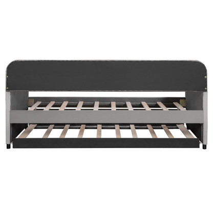 Start2Finish upholstered twin size daybed sofa bed with trundle and wood slat base, featuring plush cushioning and wooden frame.