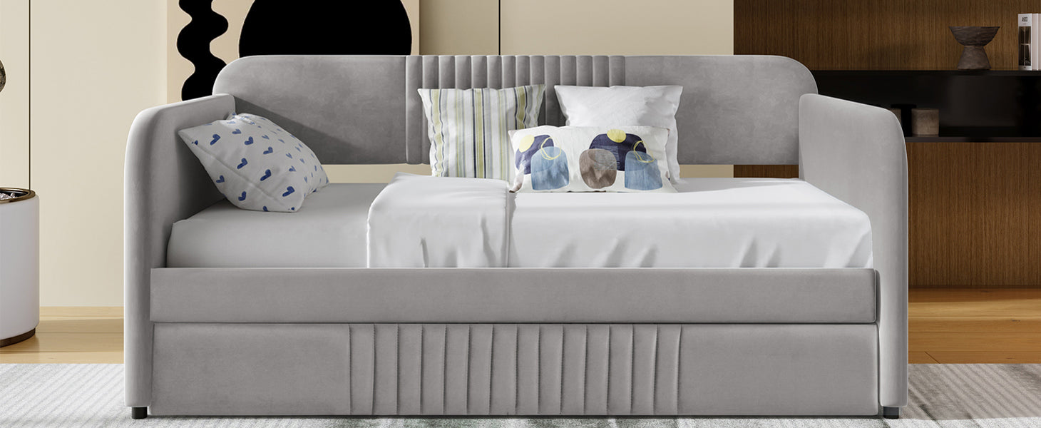 Start2Finish twin size upholstered daybed sofa bed with trundle and wood slat base, showcasing plush fabric and sturdy frame.