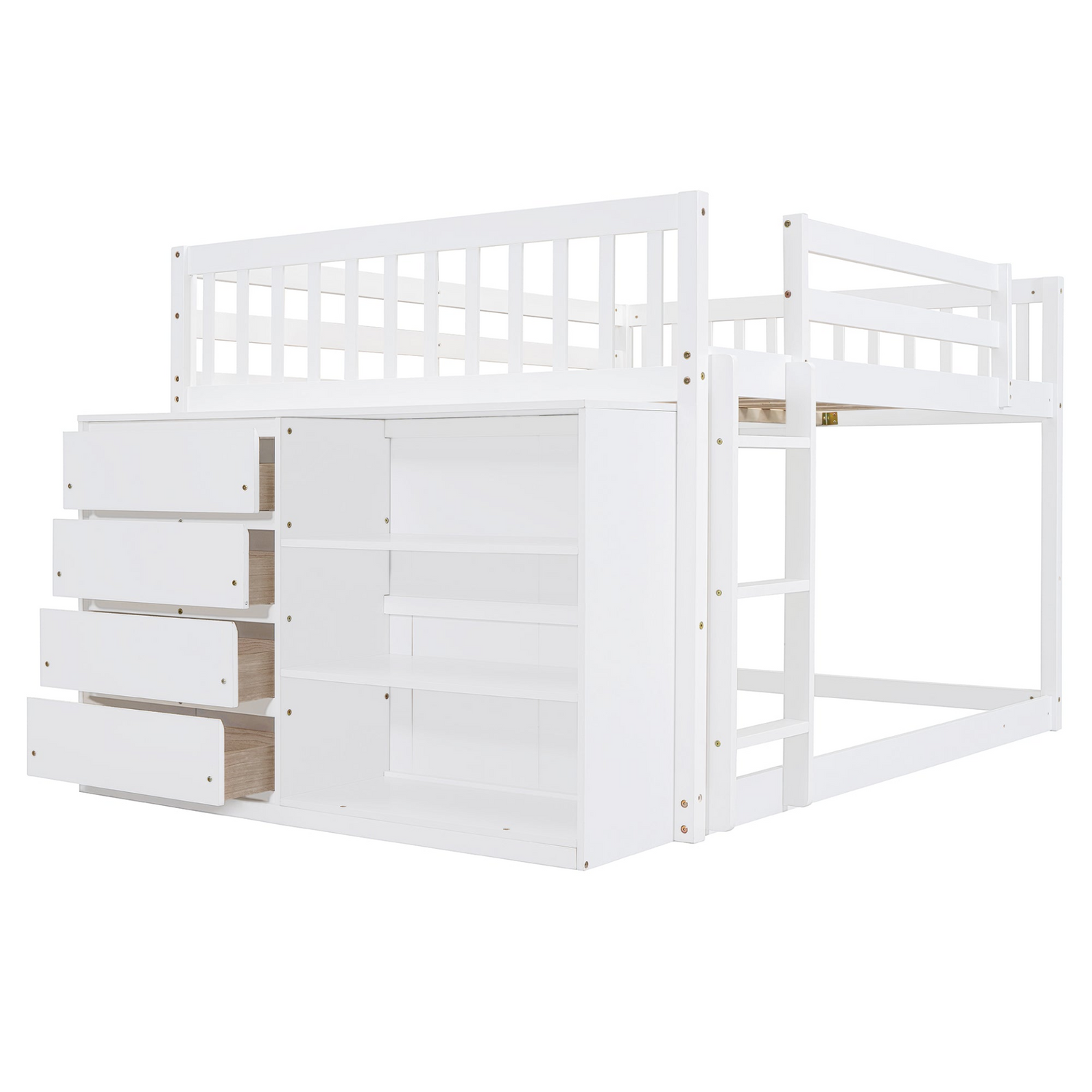 Elegant solid wood bunk bed by Start2Finish featuring built-in shelves and storage drawers for versatile bedroom organization.